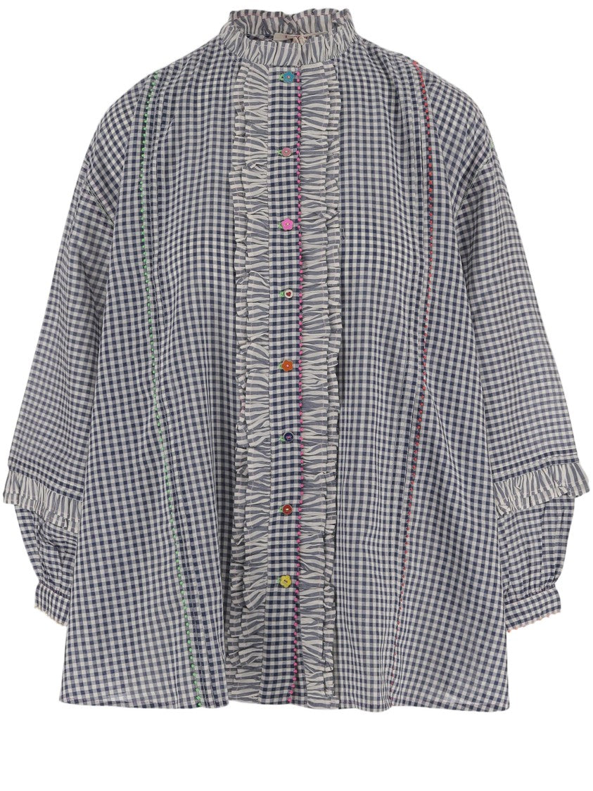 Pero Relaxed Fit Gingham Check Shirt With Ruffled Details