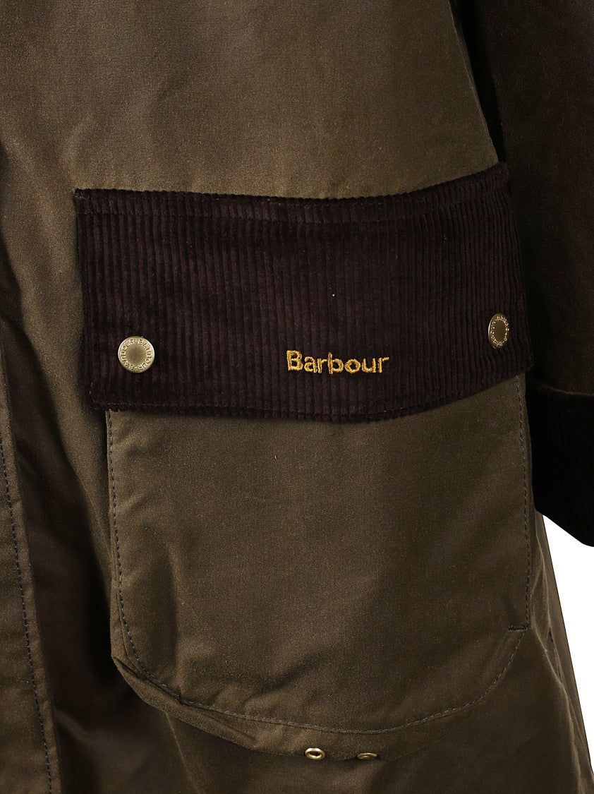 Barbour Mid-Length Waxed Jacket With Corduroy Collar And Flap Pockets