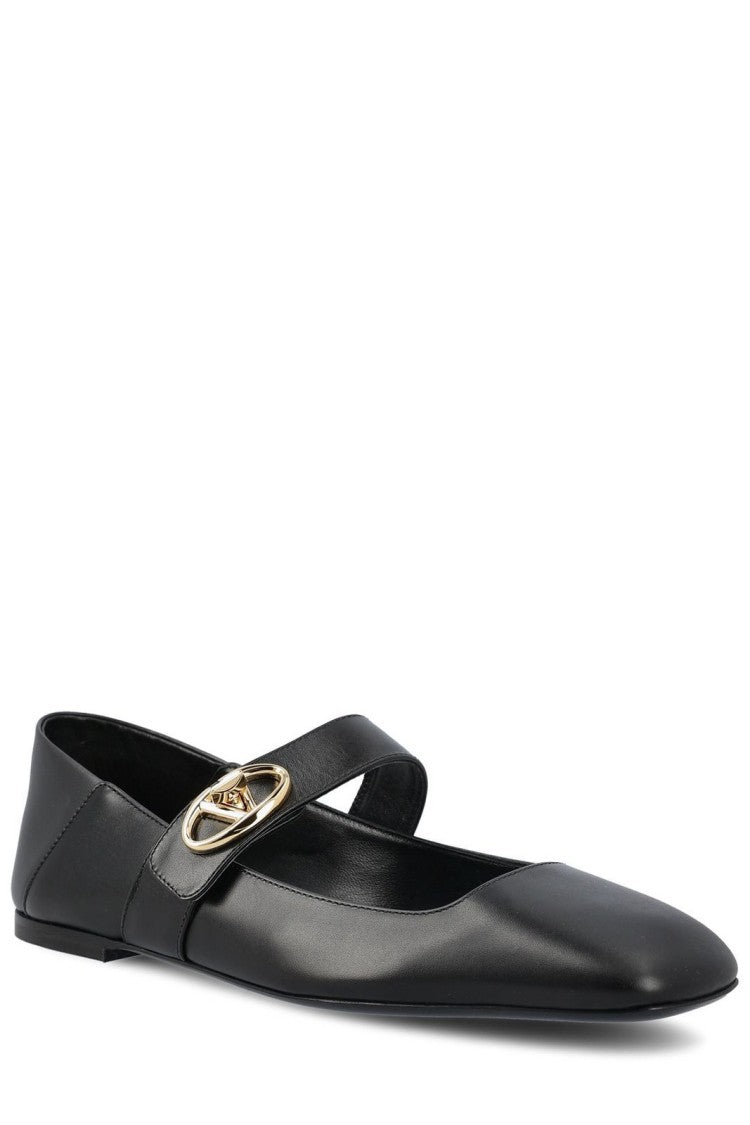 Valentino Pointed-Toe Black Calf Leather Flats With Circular Buckle Detail