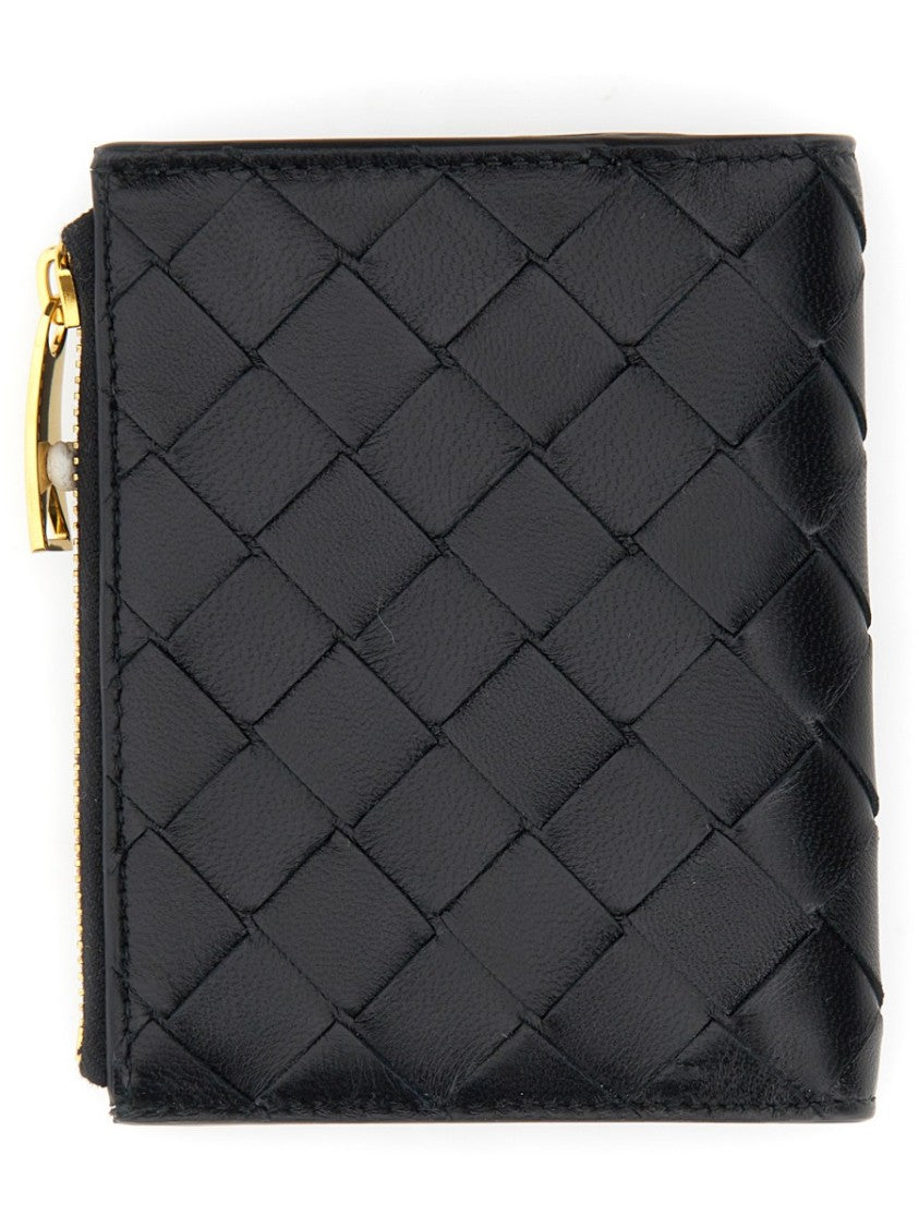 Bottega Veneta Bi-Fold Wallet With Woven Pattern And Gold-Zippered Section