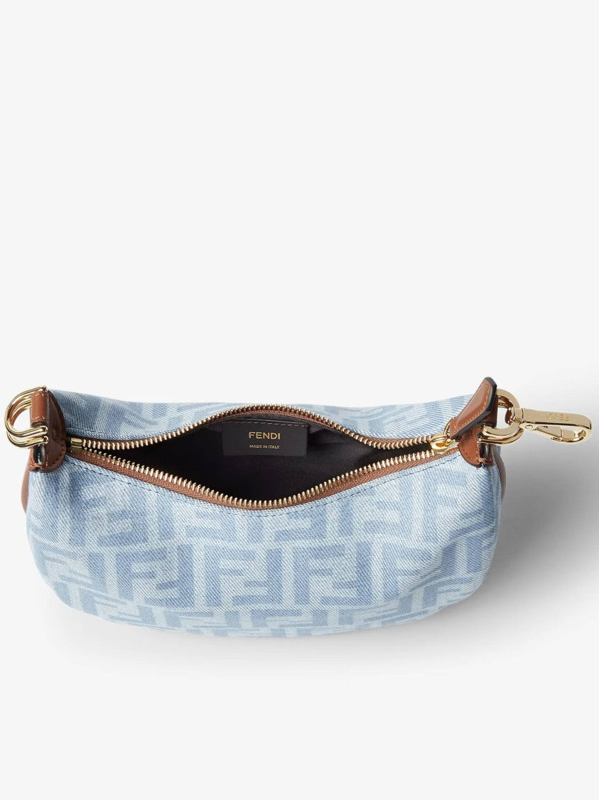 Fendi Crescent-Shaped Handbag With Light Blue Monogram And Gold Hardware