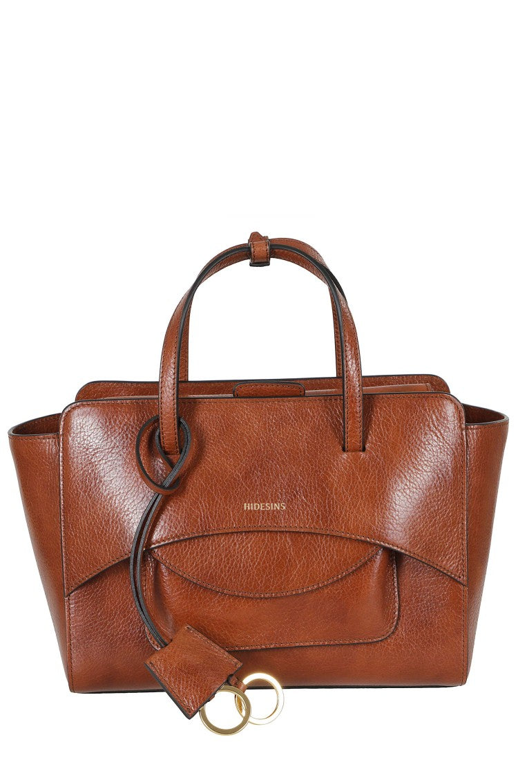 Hidesins Brown Medium Flap Gold Logo Pocket Leather Shoulder Bag