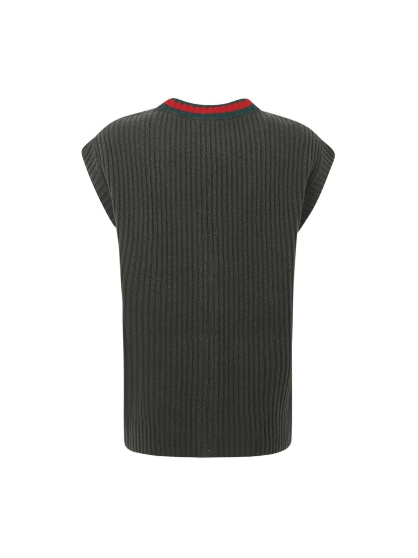 Gucci Ribbed Knit Cardigan Vest With Contrasting Trim