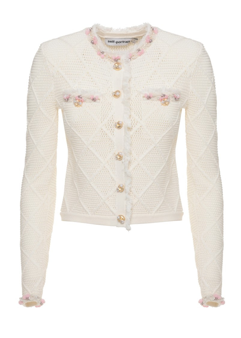 Self-Portrait Ivory Crochet Jewel Embellished Cardigan