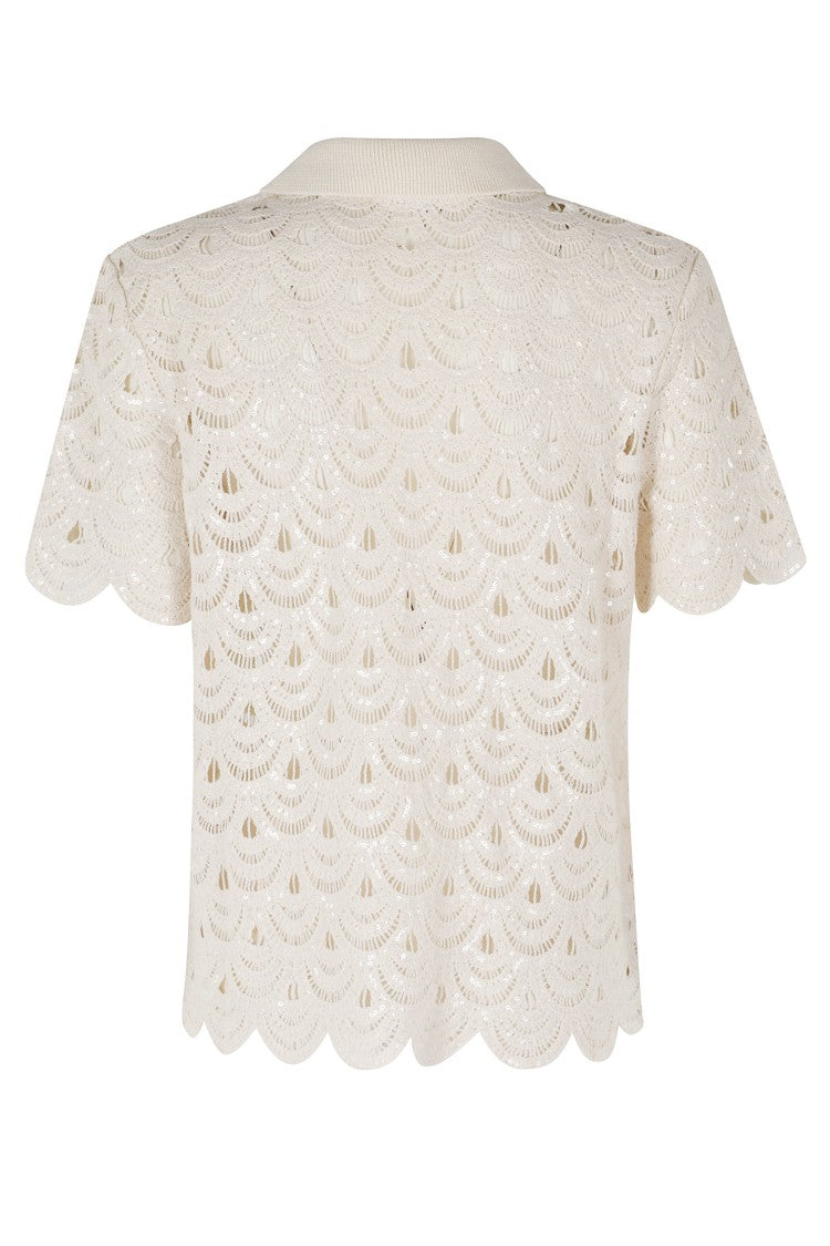 Mc2 Saint Barth Ivory Monet Crochet Striped Cotton Polo Shirt
