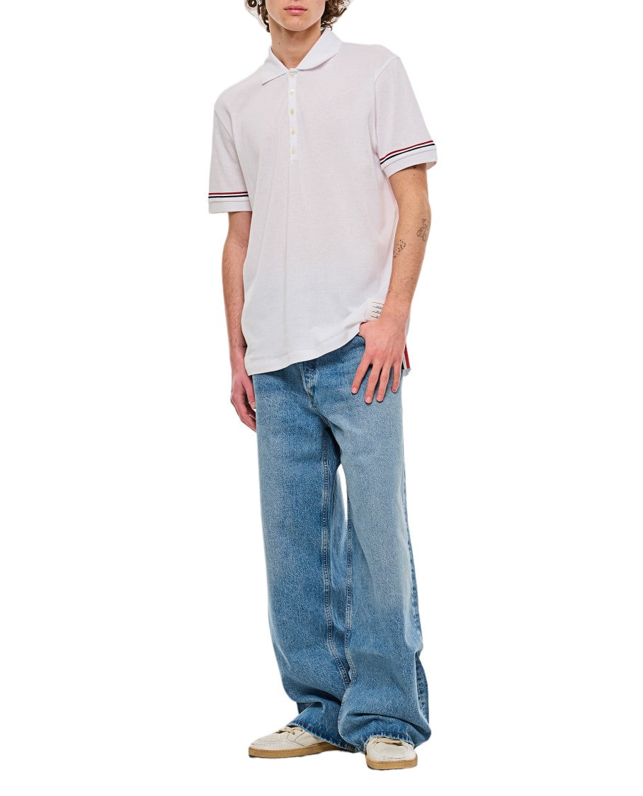 Thom Browne Ribbed Cuff Short Sleeve Polo Shirt With Button Closure