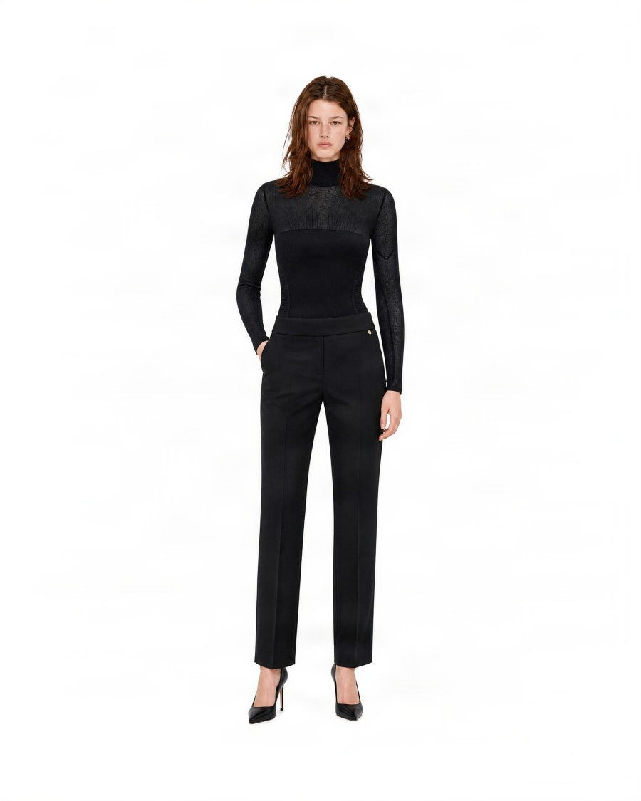 Elisabetta Franchi Black Sheer Insert High-Neck Viscose-Blend Bodysuit