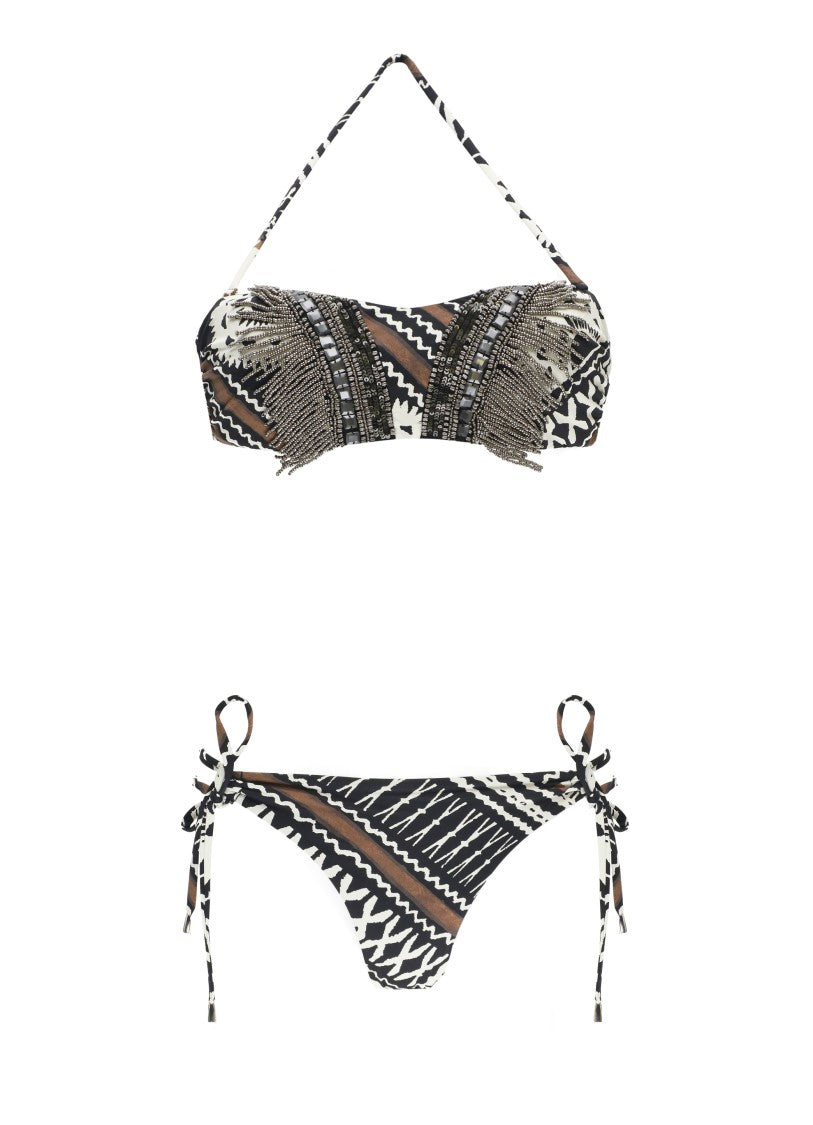 Miss Bikini Bandeau Bikini With Geometric Pattern And Decorative Fringes