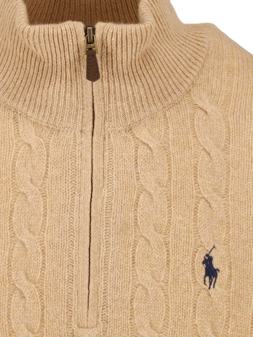 Polo Ralph Lauren Beige Cable-Knit Wool-Cashmere Half-Zip Sweater
