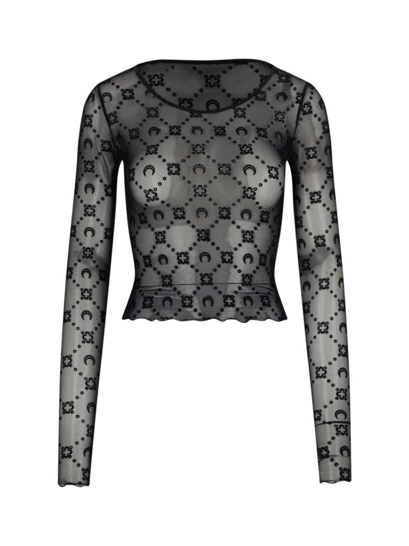Marine Serre Black Moonogram Semi-Sheer Stretch Nylon Crop Top