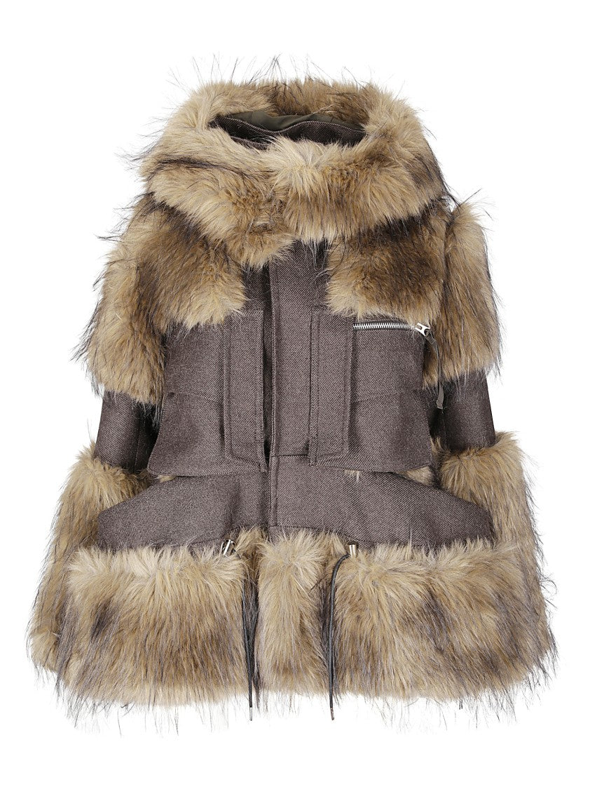 Sacai Wool Melton Blouson With Contrasting Fur Trim