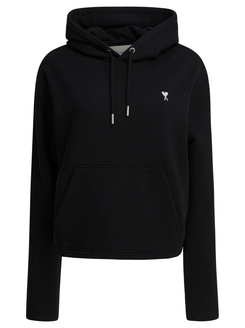 Ami Paris Cropped Hooded Black Sweatshirt With Kangaroo Pocket And Embroidered Logo