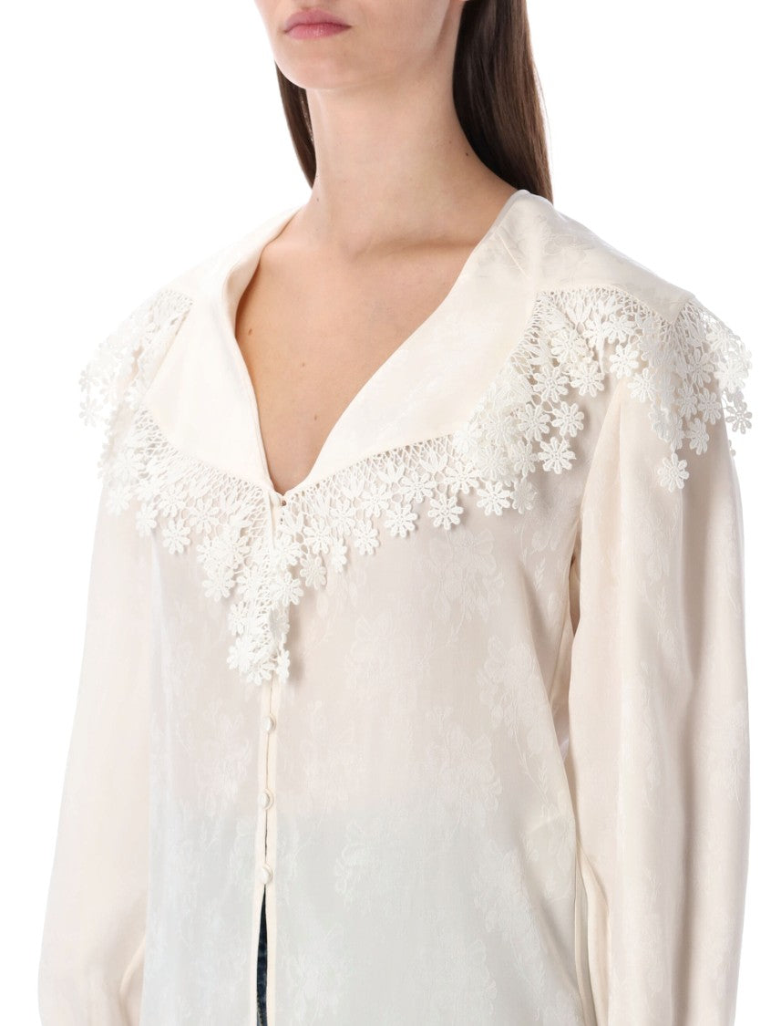 Chloé Floral Lace-Trim Jacquard Silk Blouse