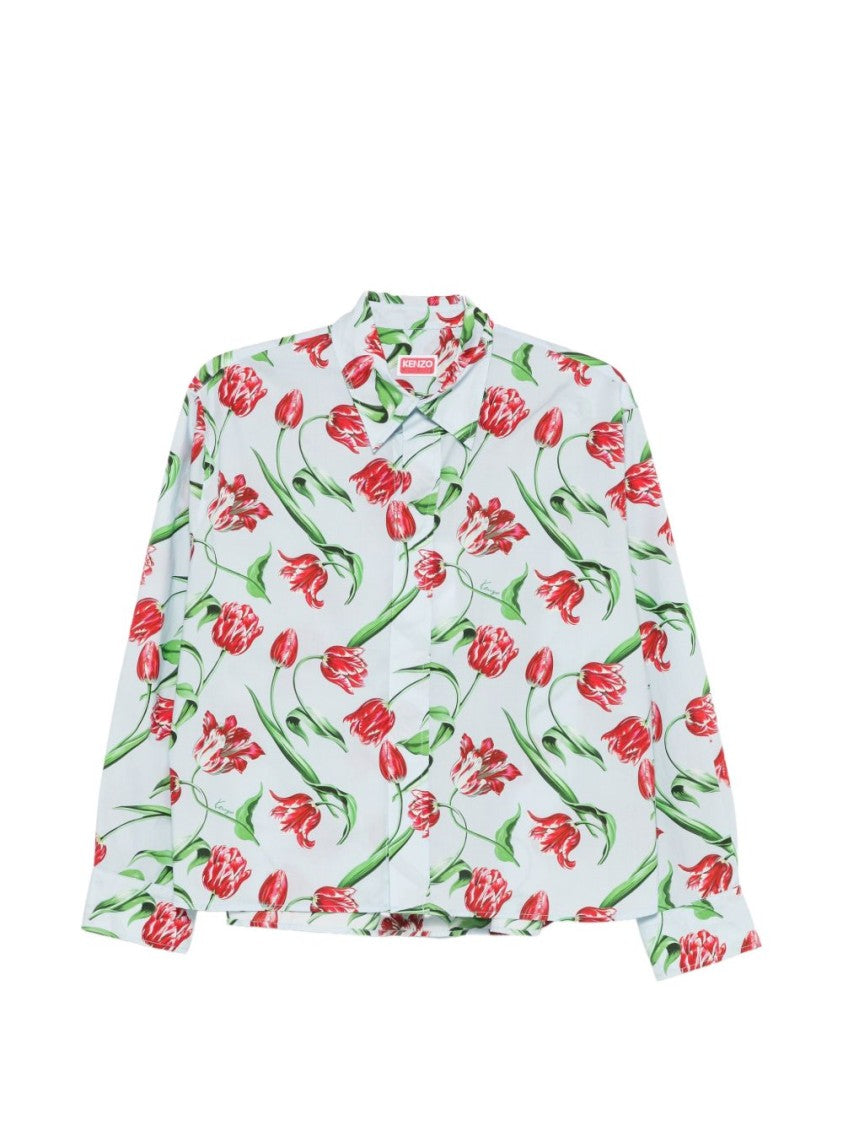 Kenzo Light Blue Cotton Floral Print Kenzo Shirt