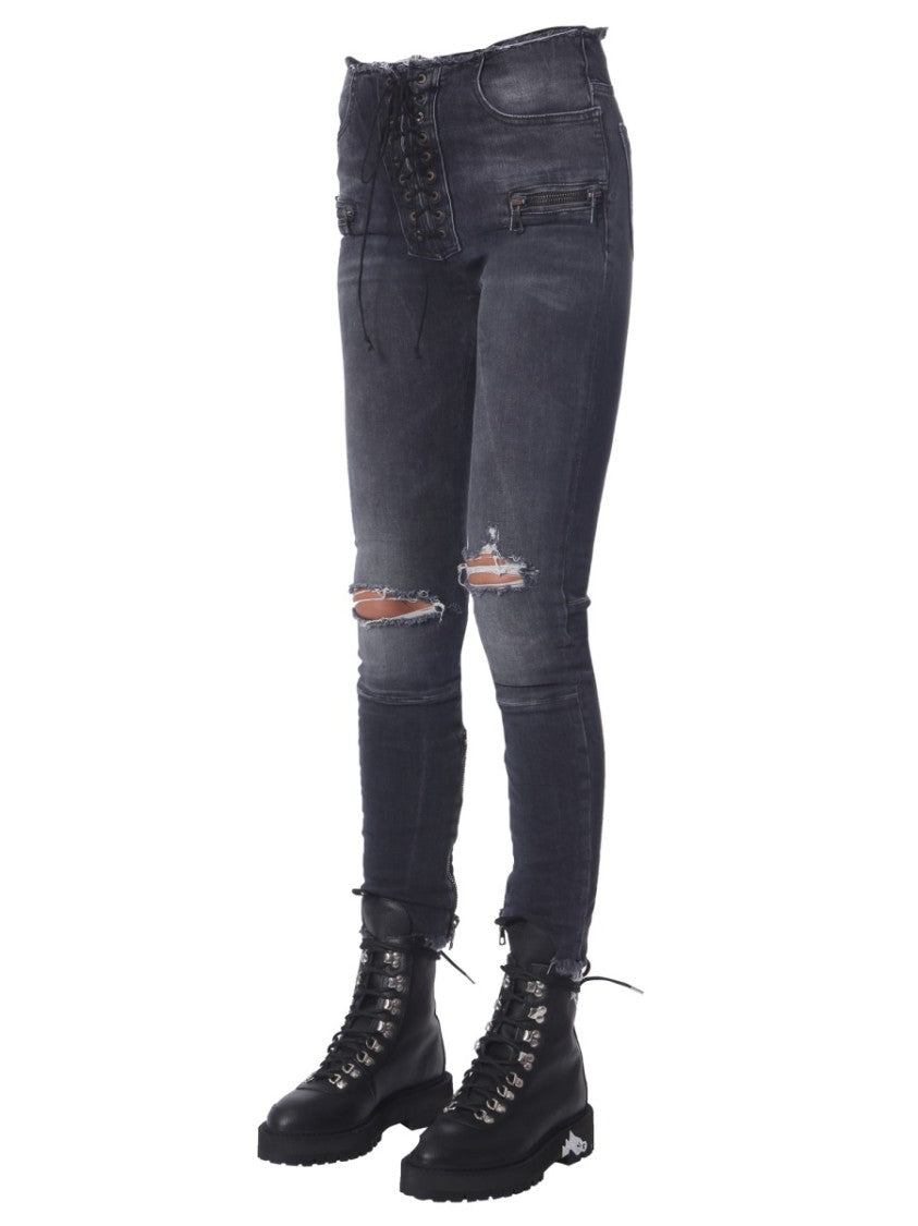 Unravel Project Distressed Black Lace-Up Skinny Fit Jeans