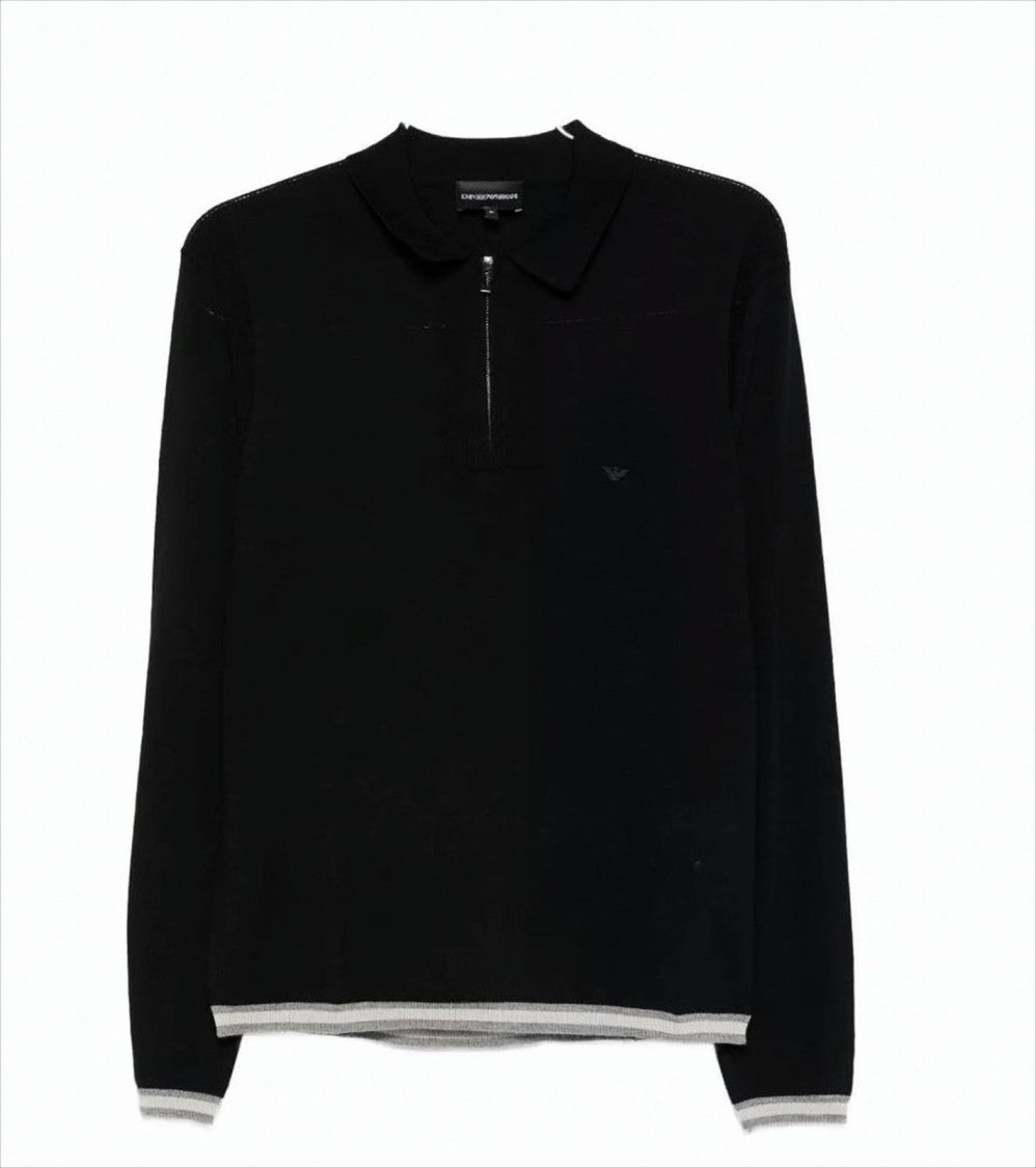 Emporio Armani Half-Zip Black Wool Polo Sweater