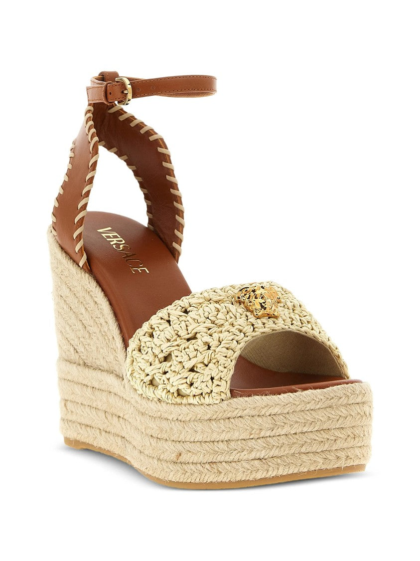 Versace Braided Jute Platform Wedge Leather Sandals