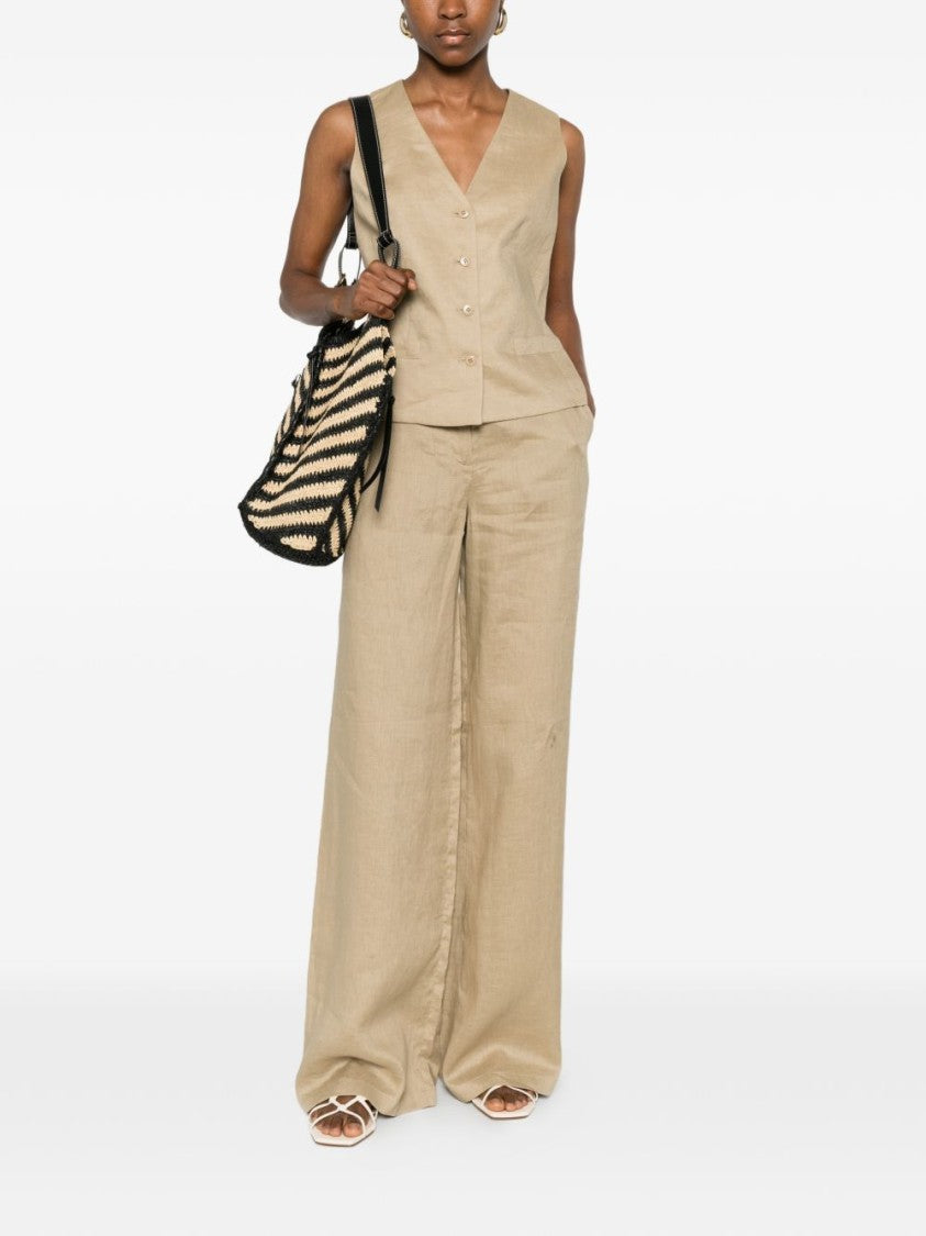 Max Mara Beige Belt Loops Linen Wide-Leg Pants