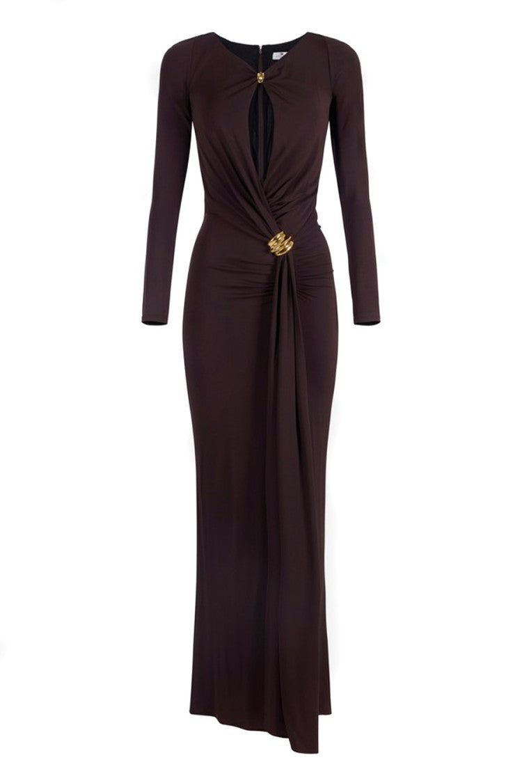 Elisabetta Franchi Brown Keyhole Cutout Draped Jewel Clasp Viscose-Blend Dress
