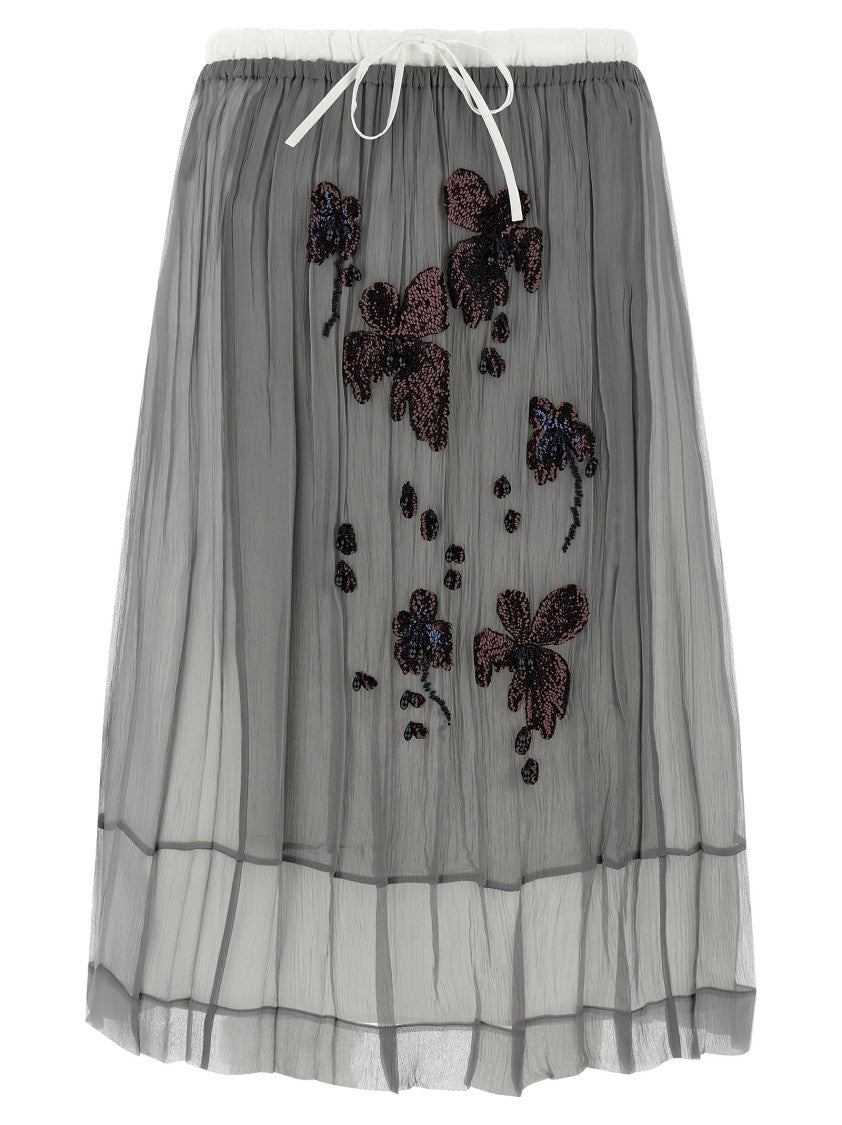 Prada Floral Embroidered Silk Chiffon Midi Skirt With Drawstring Waist