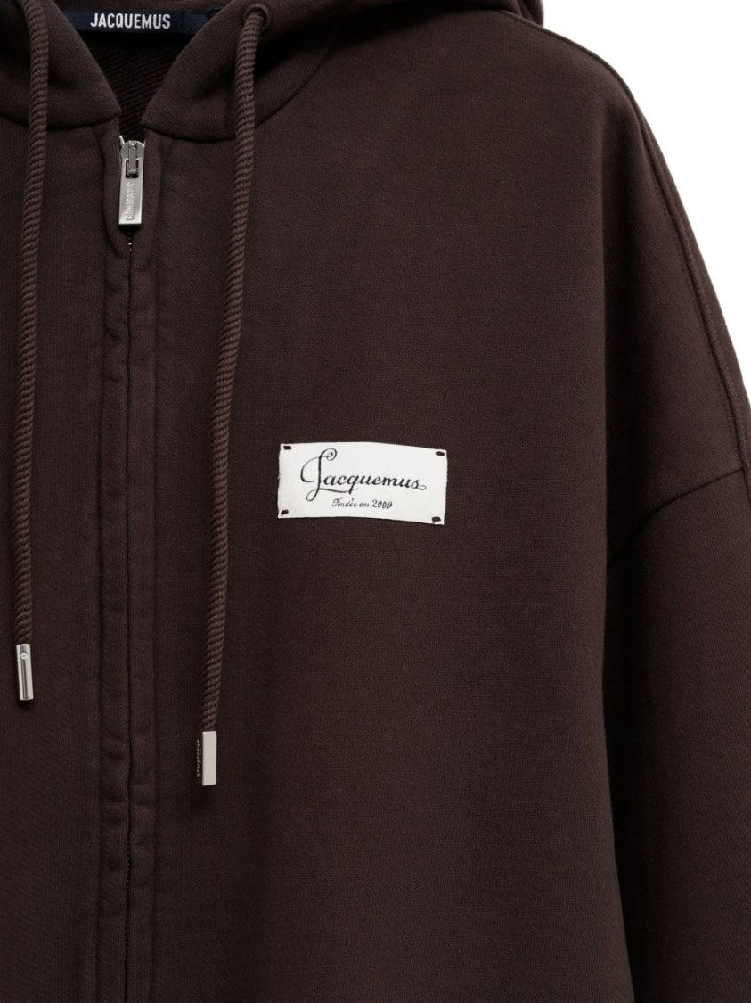 Jacquemus Dark Brown Zip-Up Hoodie With Oversized Fit And Gathered Hem