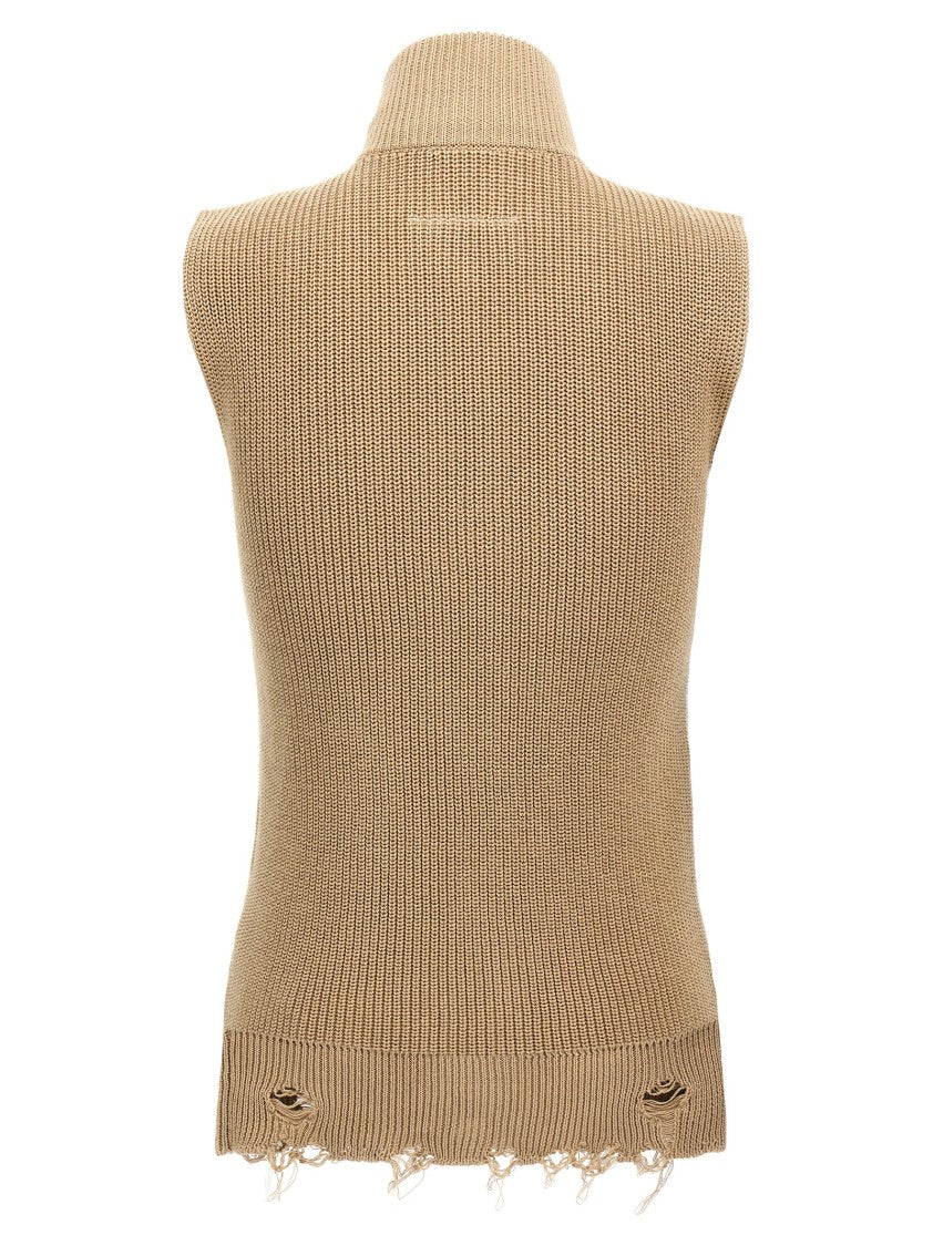 Mm6 By Maison Margiela Destroyed Cotton Knit Vest With High Neck