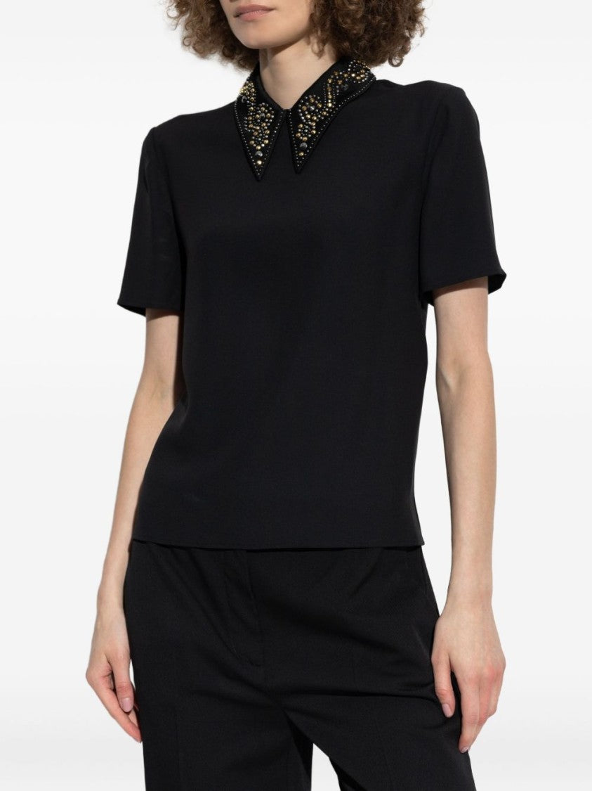 Versace Pointed Collar Black Shirt With Gold And Silver Embellishments