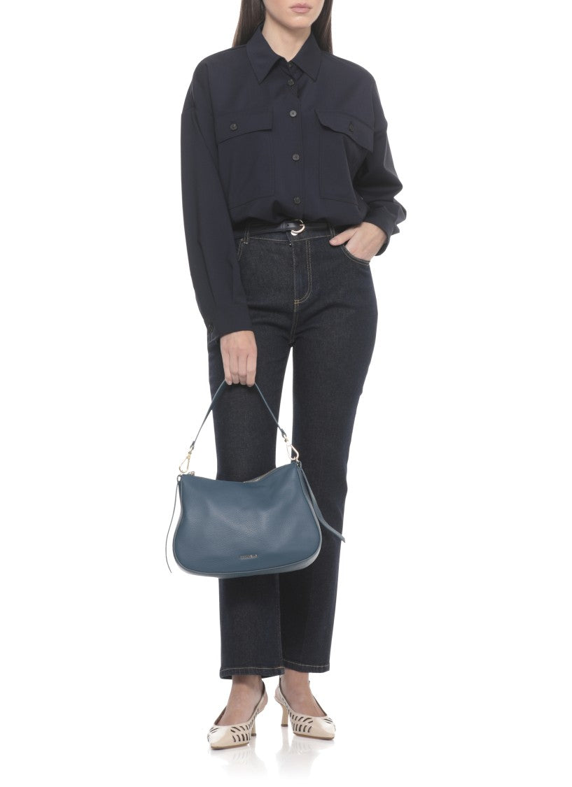 Coccinelle Compact Blue Leather Shoulder Bag With Versatile Strap Options