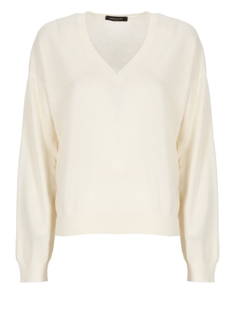 Fabiana Filippi Ivory Lightpoint Detail V-Neck Sweater