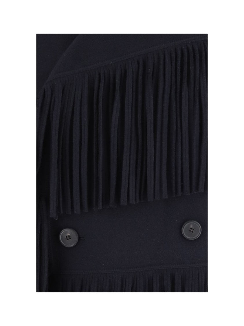 Carven Navy Blue Fringed Double-Breasted Wool-Cashmere Jacket