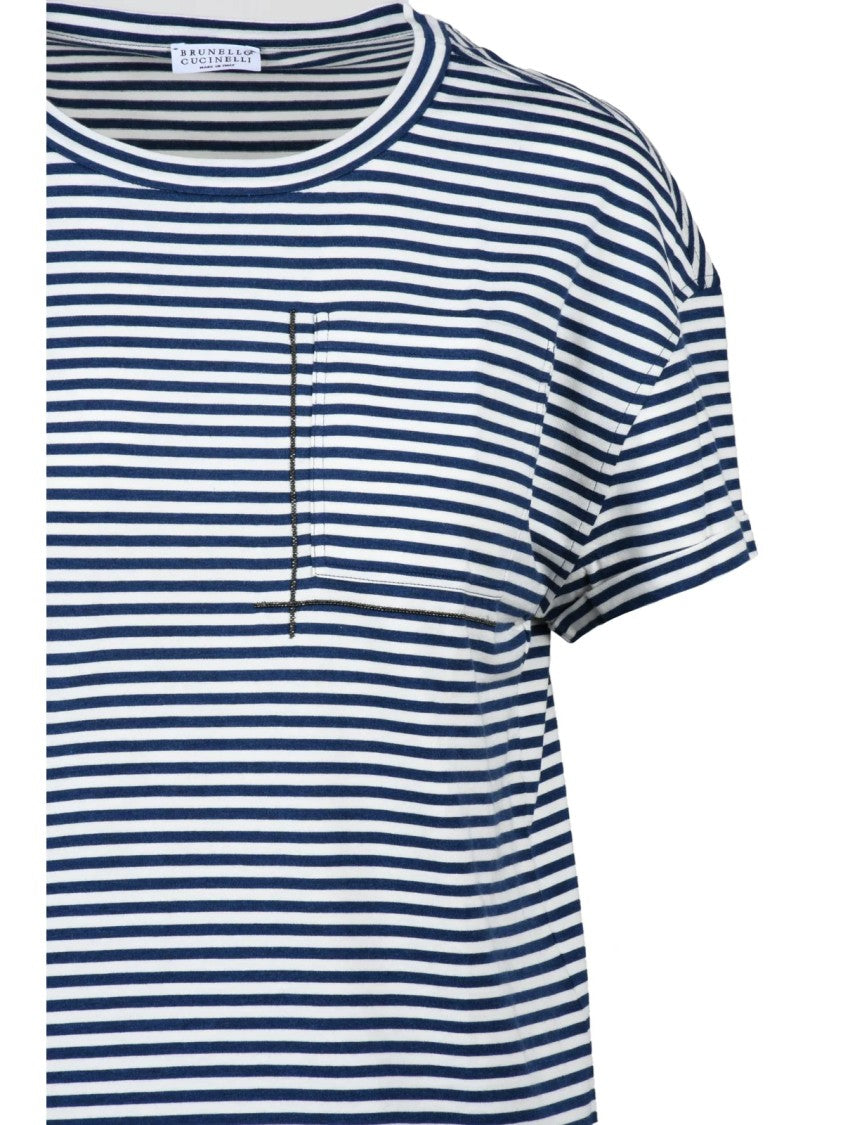 Brunello Cucinelli White/Blue Cotton Women T-Shirt