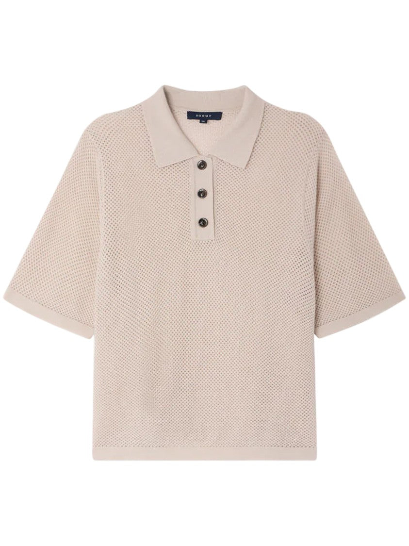 Soeur Textured Mesh Knit Top With Classic Polo Collar