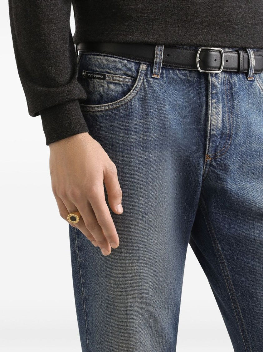 Dolce & Gabbana Faded Blue Denim Jeans With Logo Plaque