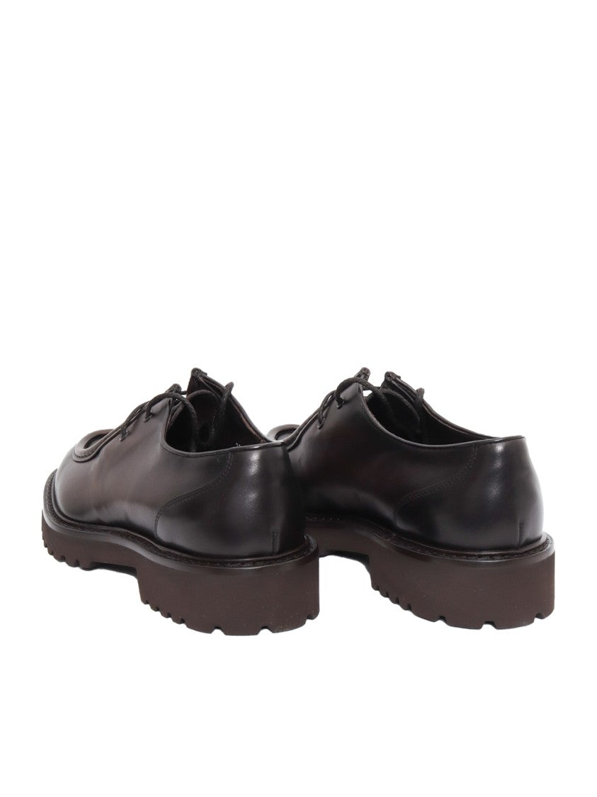 Doucal's Dark Brown Calfskin Derby Shoes With Decorative Seams