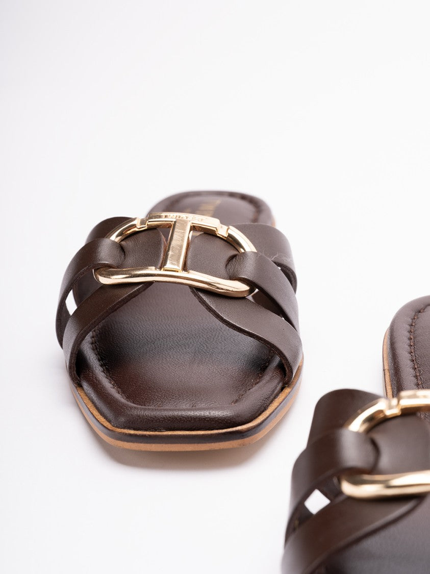 Twin-Set Interwoven Leather Sandals With Metallic Buckle Detail