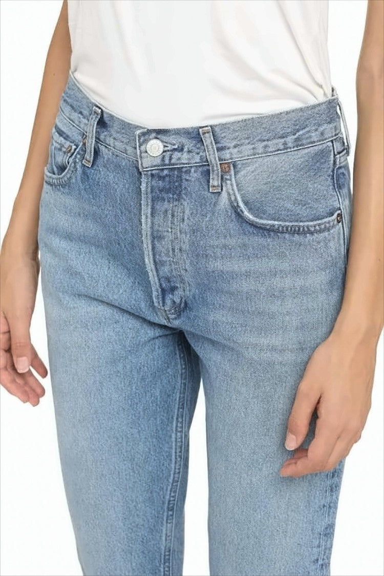 Agolde Light Blue Cropped Denim Pants With Frayed Hem