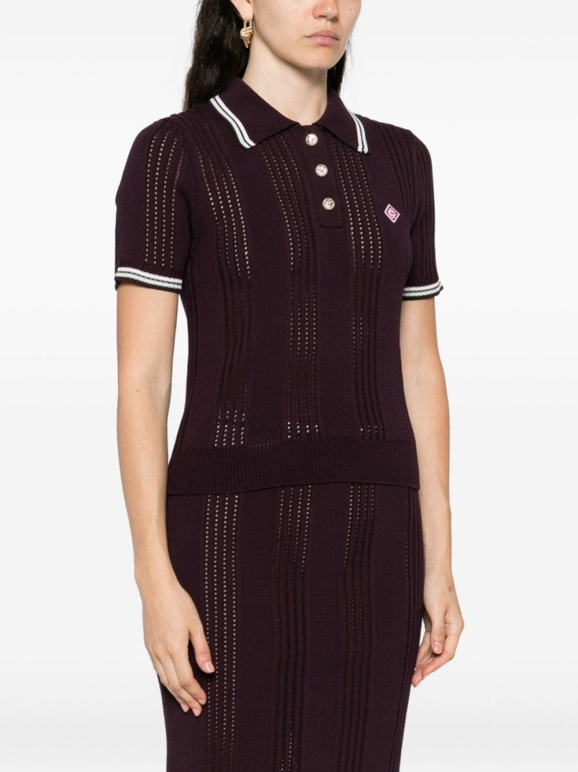Casablanca Short-Sleeved Knit Polo With Vertical Open-Knit Stripes