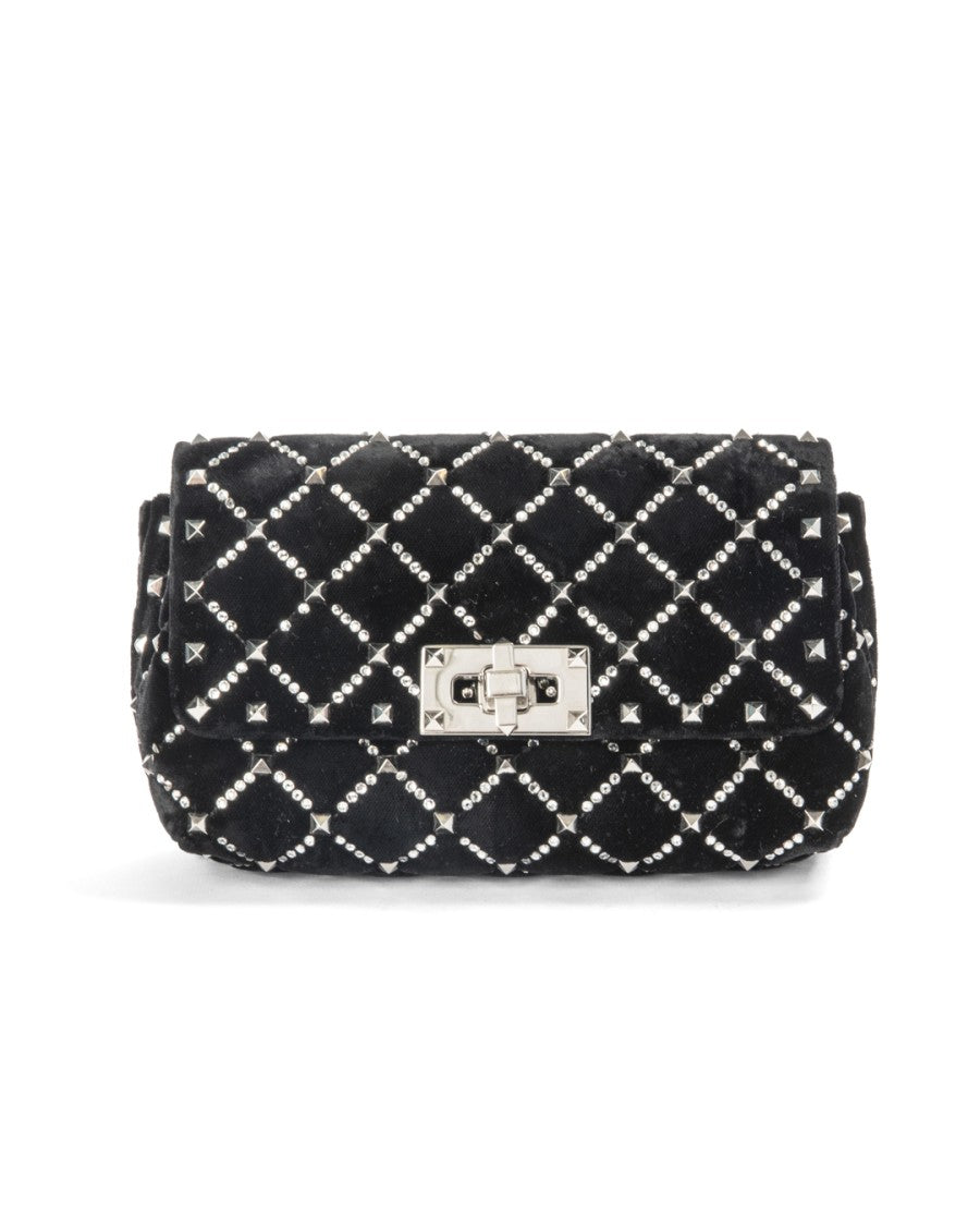 Valentino Black Rockstud Velvet Crystal Small Clutch
