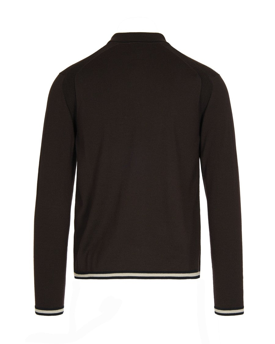 Emporio Armani Fitted Zip-Up Collar Knit Sweater With Contrasting Stripes
