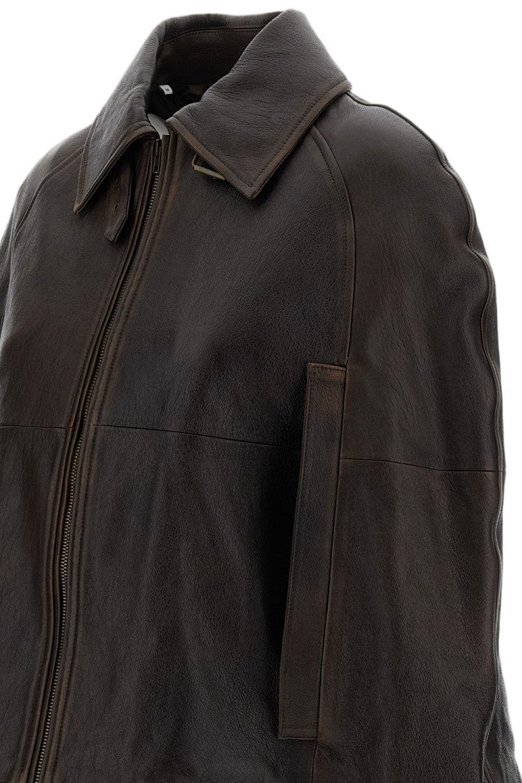 7 For All Mankind Brown Leather Cape With Wide Collar And Two-Way Zip Closure