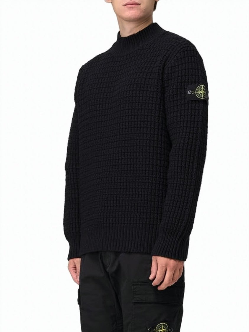 Stone Island Textured Knit Black Sweater With Ribbed Details