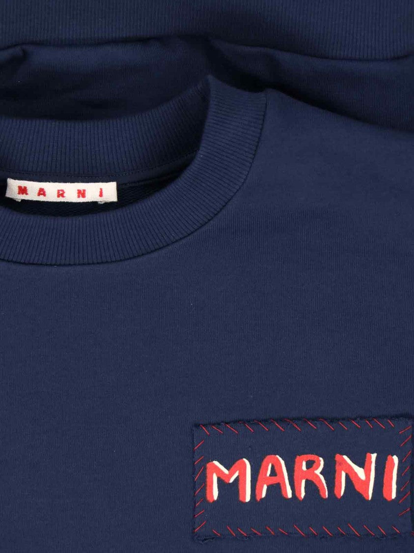 Marni Boxy Navy Blue Cropped Sweater With Bold Logo Patch