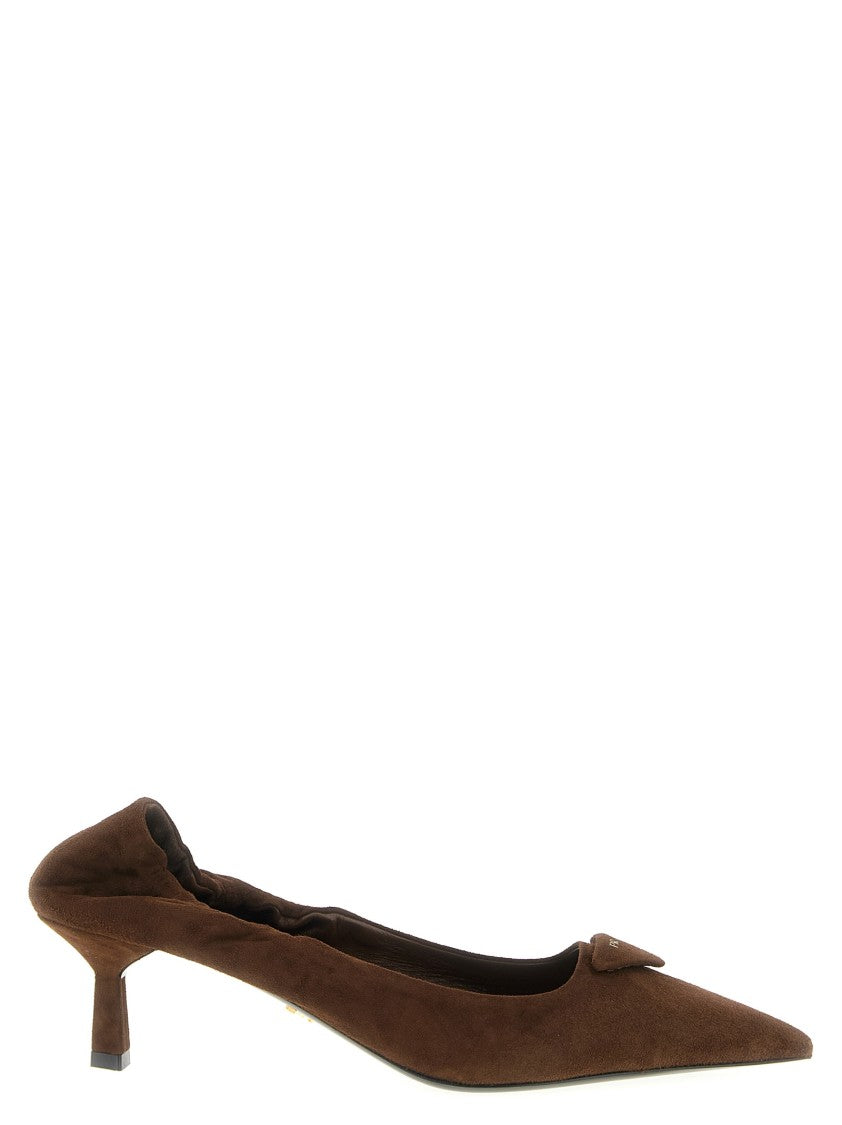 Prada Brown Suede Pointed Pumps With Triangle Logo