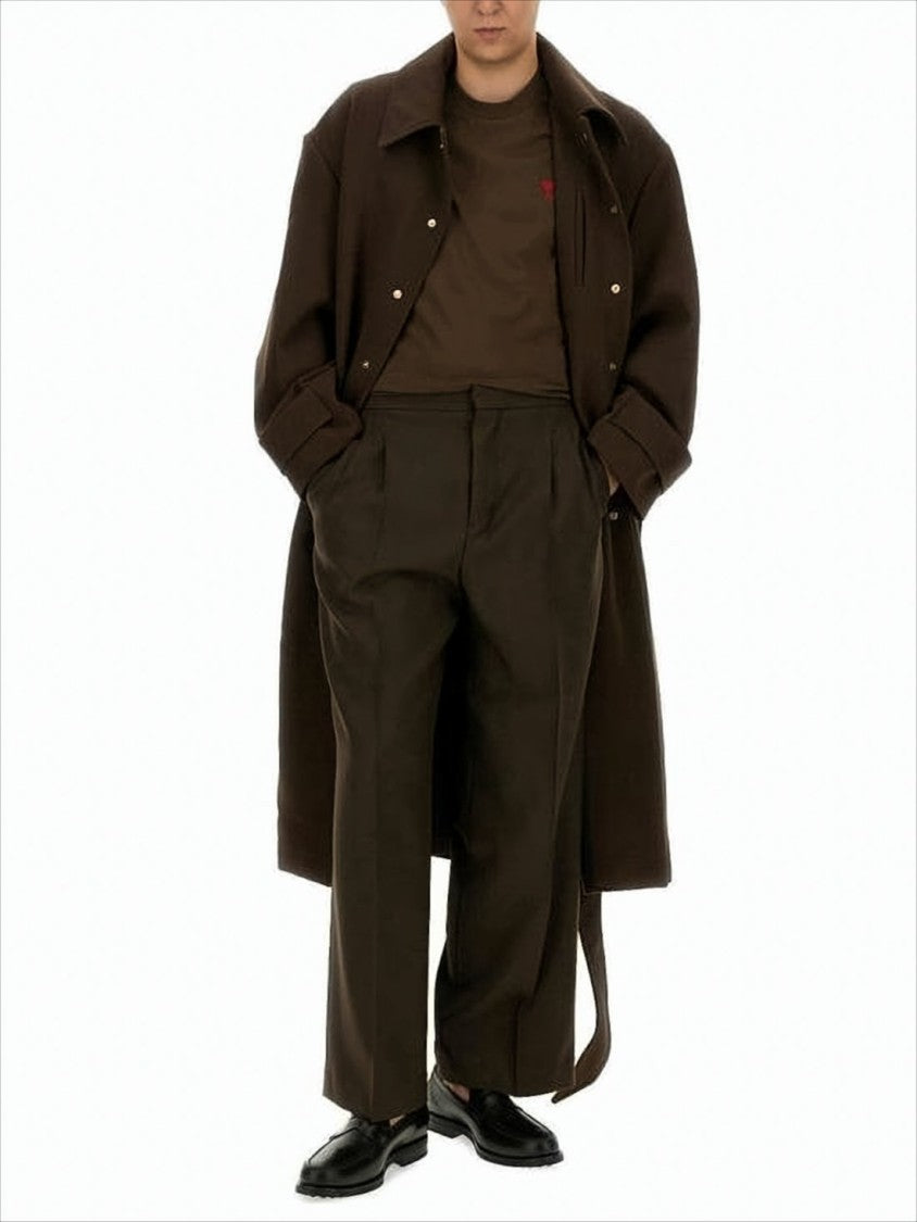 Ami Paris Structured Long Coat With Classic Collar And Belted Waist