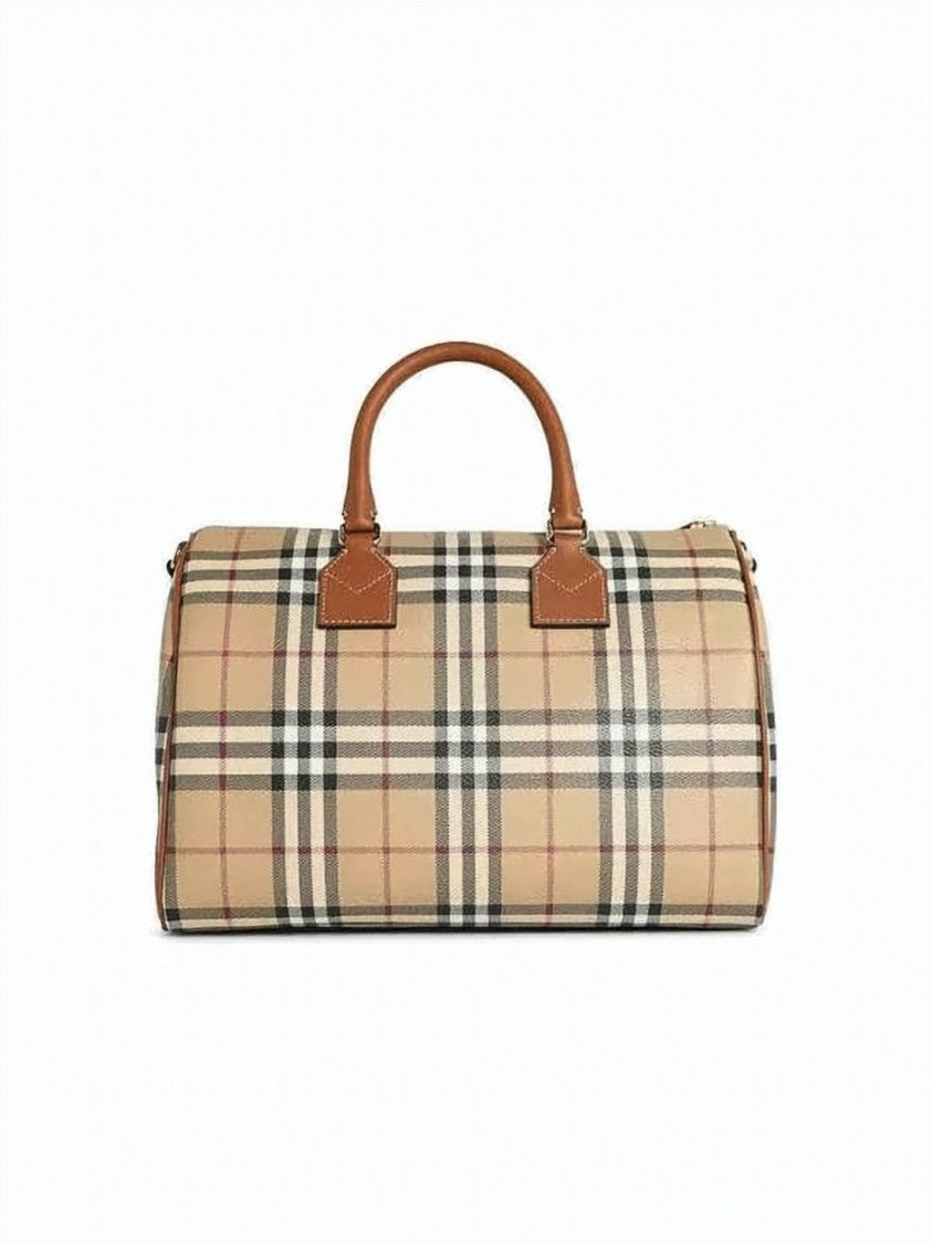 Burberry Medium Check Pattern Bowling Bag With Leather Accents