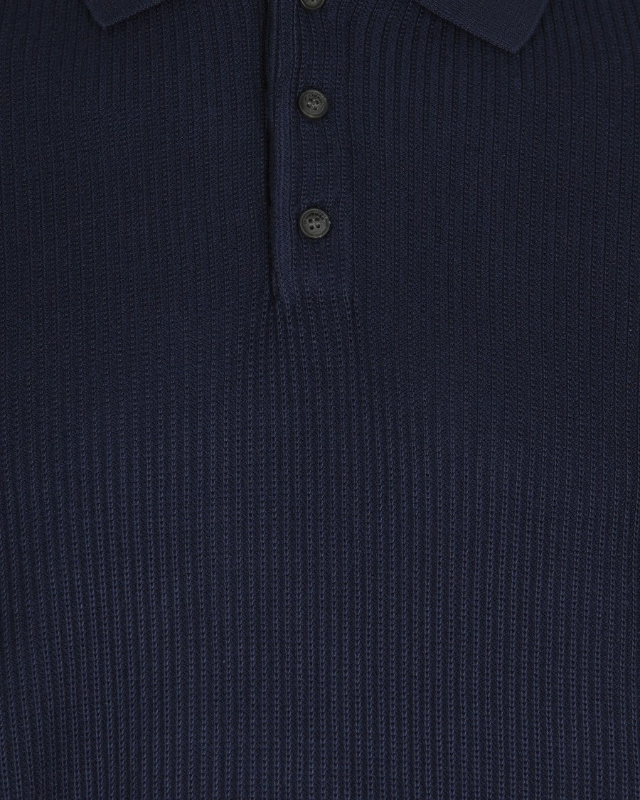 Emporio Armani Textured Knit Blue Polo With Classic Button Placket