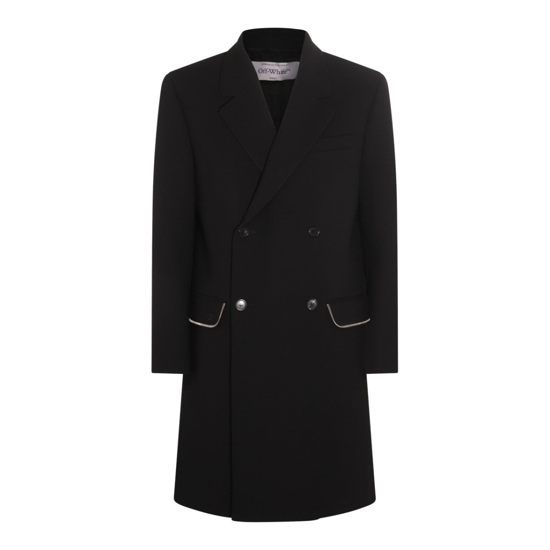 Off-White Double-Breasted Black Wool Coat With Structured Silhouette