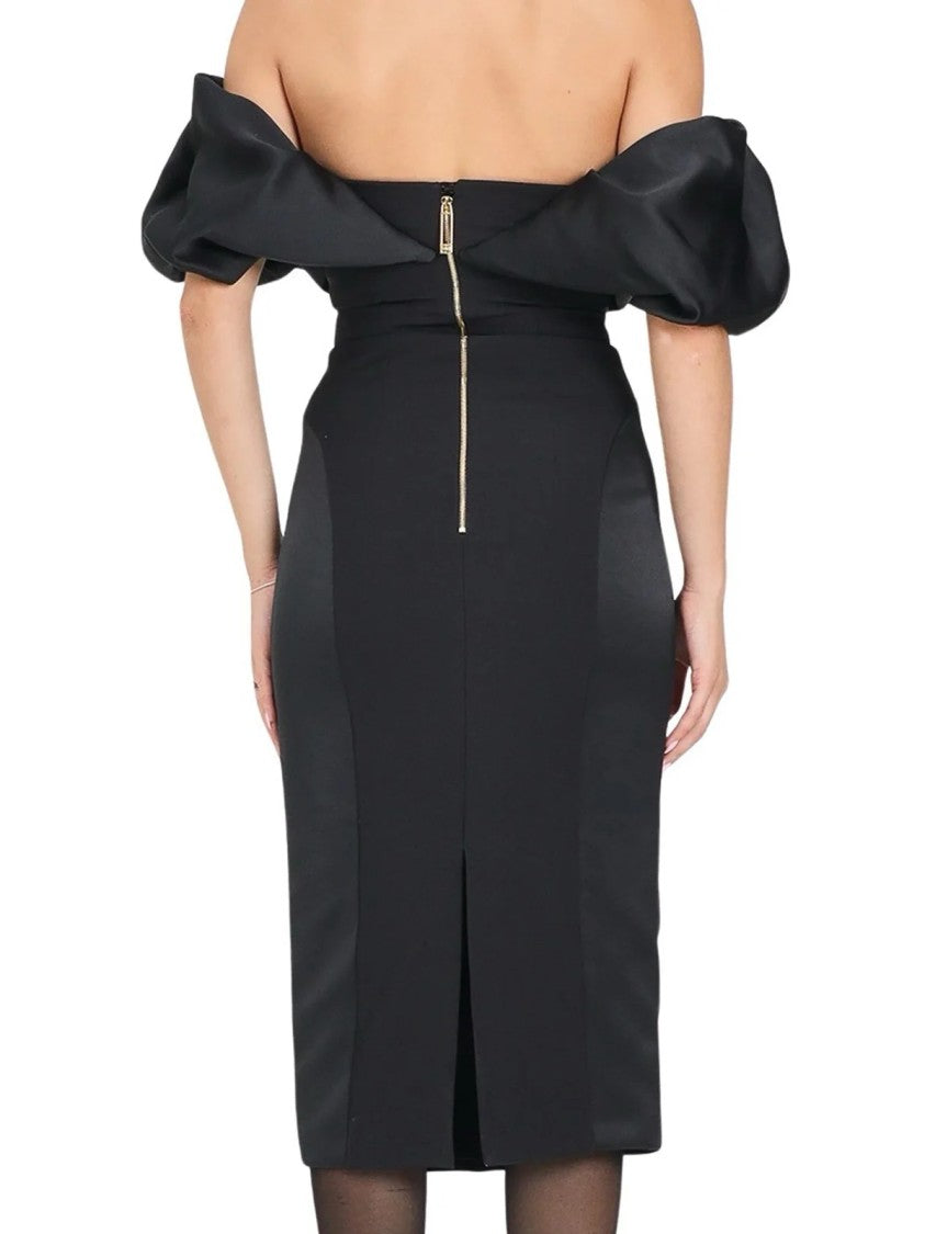 Elisabetta Franchi Black Satin Longuette Dress With Bustier Neckline