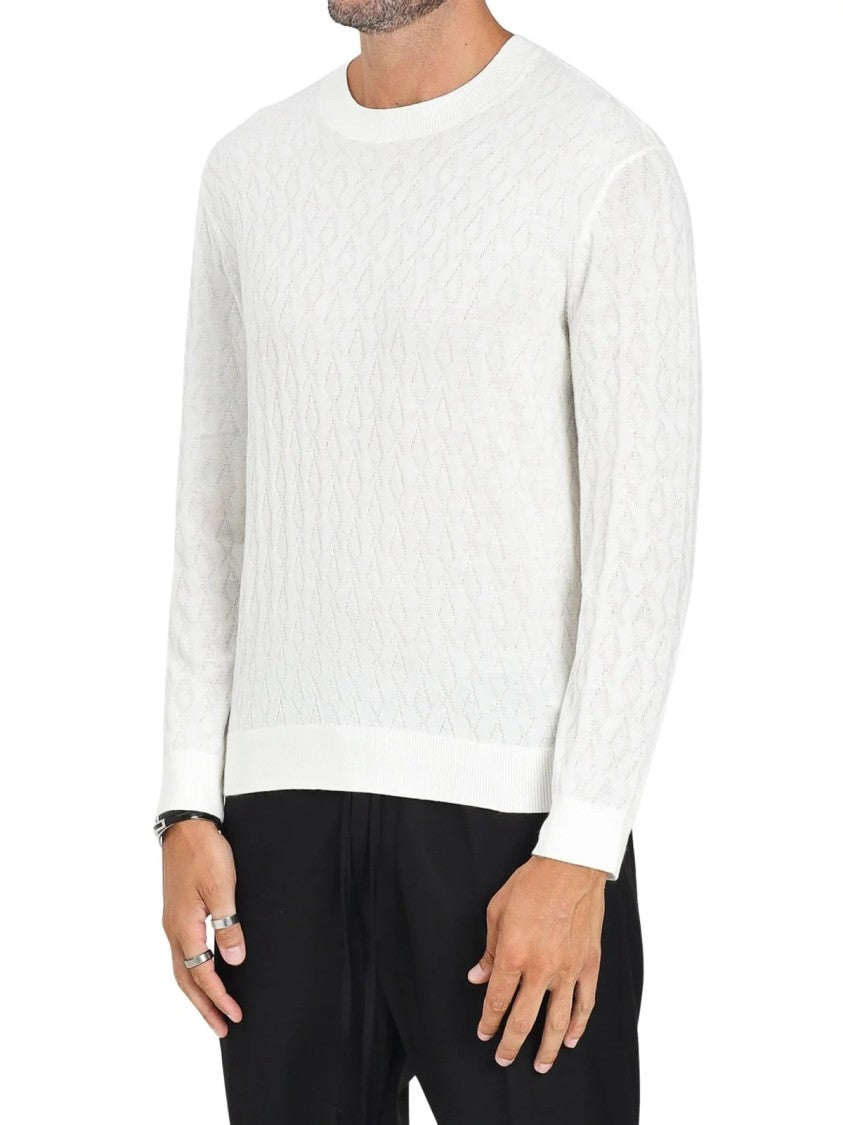 Armani Exchange White Textured Knit Virgin Wool-Blend Crewneck Sweater