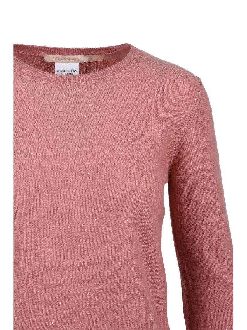 Pennyblack Pink Rhinestone Shimmer Wool-Blend Crewneck Sweater
